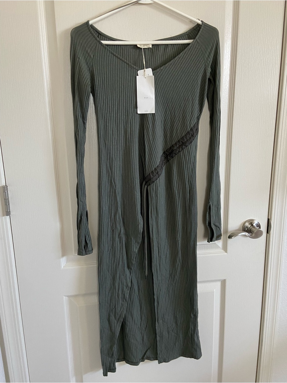 Zara W&B Long Sleeve Ribbed Ruched Tunic in Dusty Olive Green